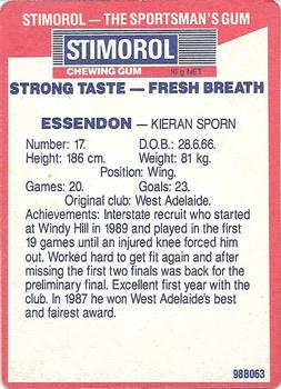 1990 AFL Scanlens Stimorol #27 Kieran Sporn Back